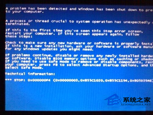 电脑出现蓝屏错误代码0x000000F4